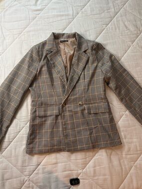 SHEIN Plaid Double-Breasted Blazer in Brown and Tan